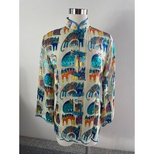 A Touch Of Class Womens Small Silk Blend Cat Print Button Up Blouse Novelty